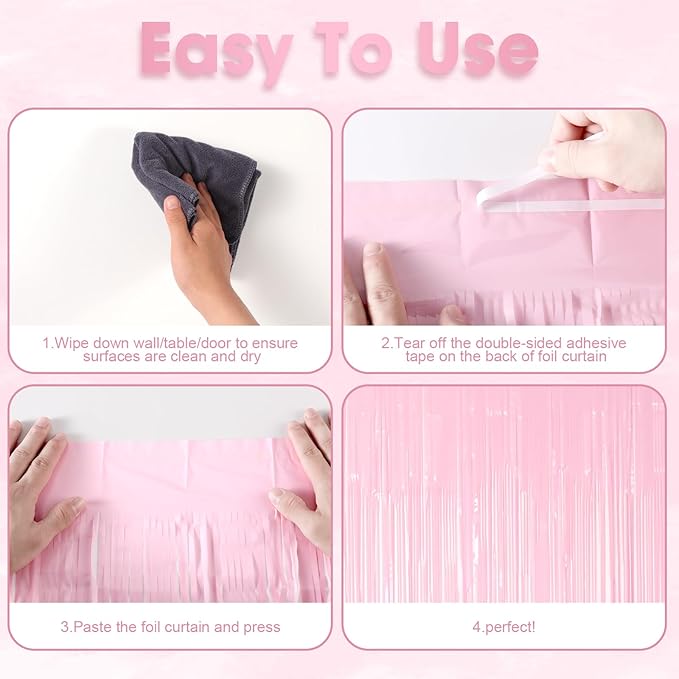 2 Pack Pastel Pink Tinsel Foil Fringe Curtains, Pink Party Decorations, Metallic Tinsel Party Streamers Backdrop for Birthday Baby Shower Graduation Wedding Gender Reveal Party Decorations