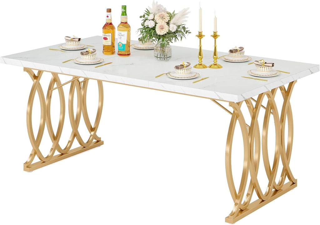 Tribesigns 63" Dining Table for 4 to 6, White and Gold Kitchen Table | Modern Large Rectangular Dinner Table Kitchen & Dining Room Furniture with Faux Marble Tabletop and Geometric Legs