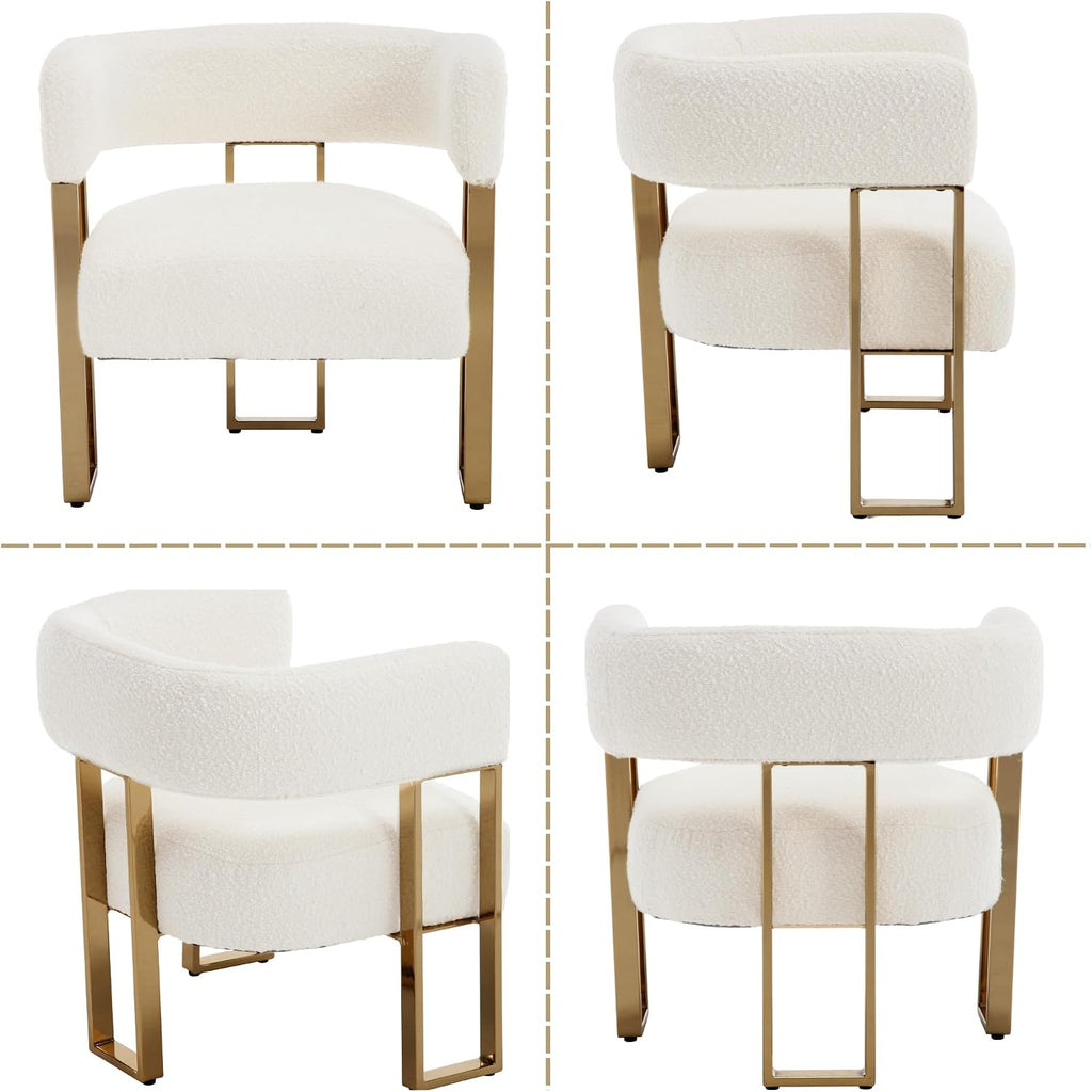 Barrel Accent Chair,Modern Side Chair with Golden Metal Legs, Sherpa Upholstered Reading Armchair for Bedroom, Boucle Club Chairs for Living Room/Reception Room/Lounge/Office, White