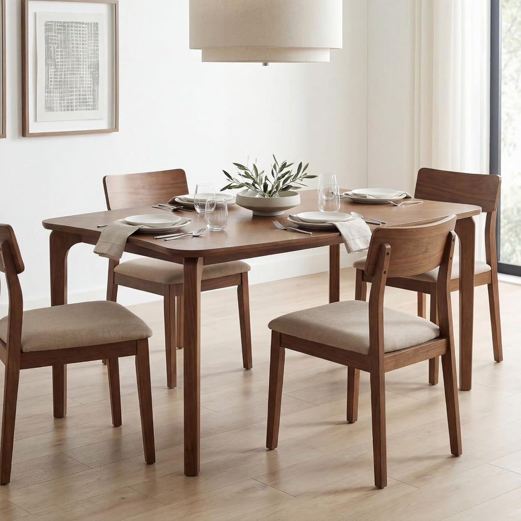 DUOMAY Mid-Century Modern Walnut Color Dining Table, 63" Rectangular Kitchen Table with Solid Wood Legs, Curved Edges, 6-Person Table for Dining Room Living Room Kitchen