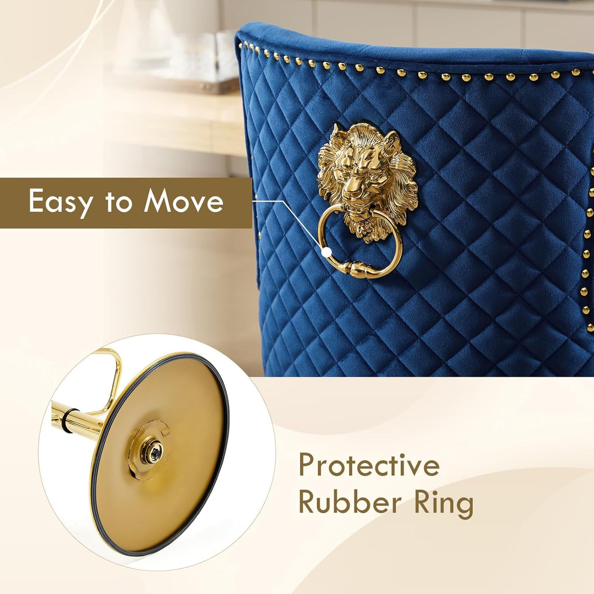 Gold Barstools Set of 4,Velvet Swivel Bar Height Stools with Lion Pull Ring,Upholstered Counter Height Stools with Tufted Back,Modern Adjustable Bar Chairs for Kitchen Island/Cafe, Navy Blue