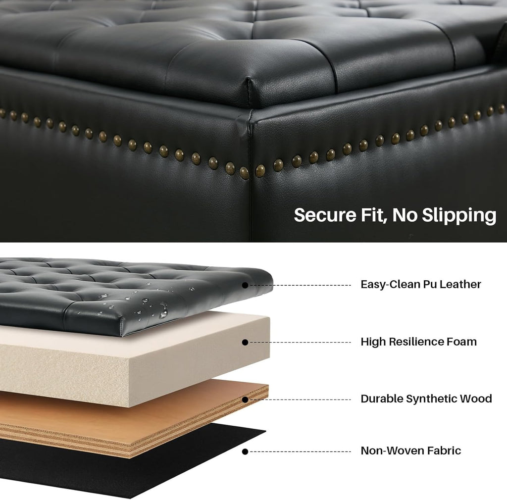 Storage Ottoman Coffee Table, Large Ottoman with Storage Oversized Square Footstool with Anti-Slip Embedded Lid, Tufted Upholstered Ottomans for Living Room, Black Faux Leather