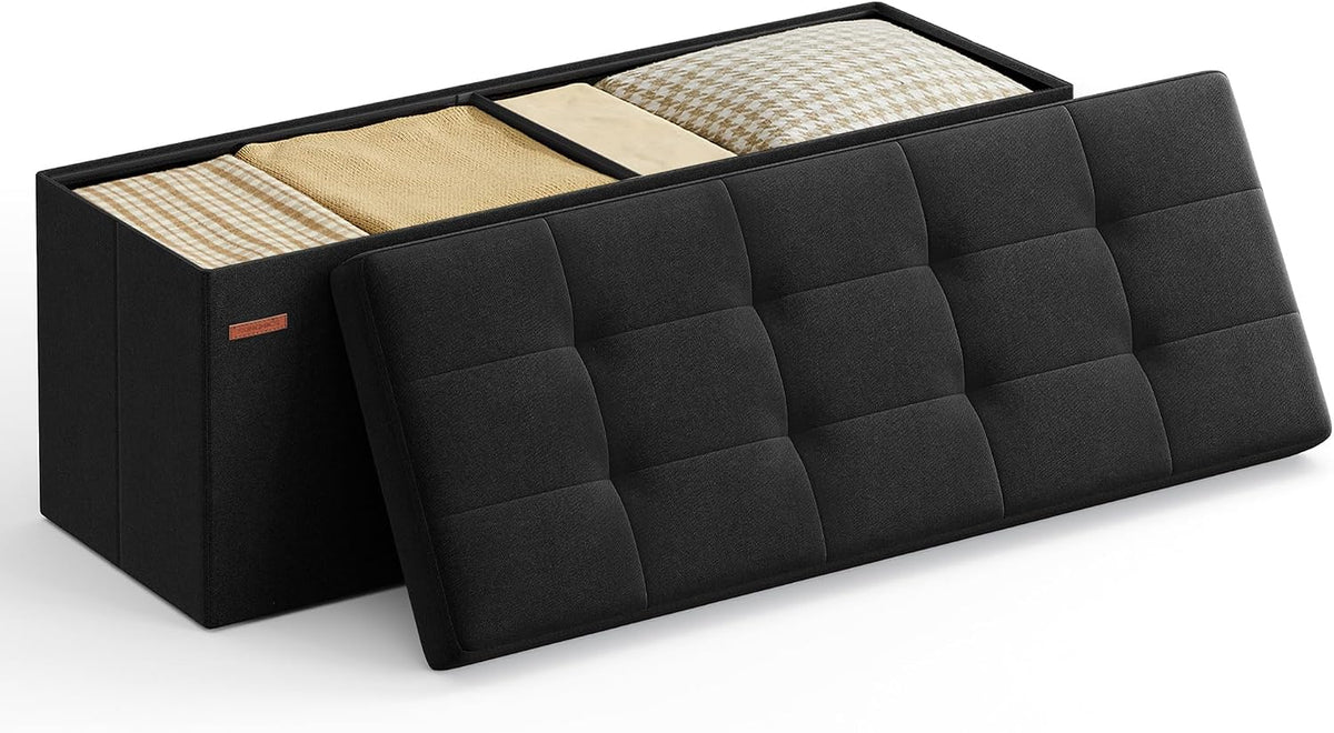 SONGMICS 43.3 Inches Folding Storage Ottoman Bench, Load 660 lb | Ottoman Foot Rest, Storage Chest, for Living Room, Entryway, Ink Black, MINOTA Collection ULSF077B01