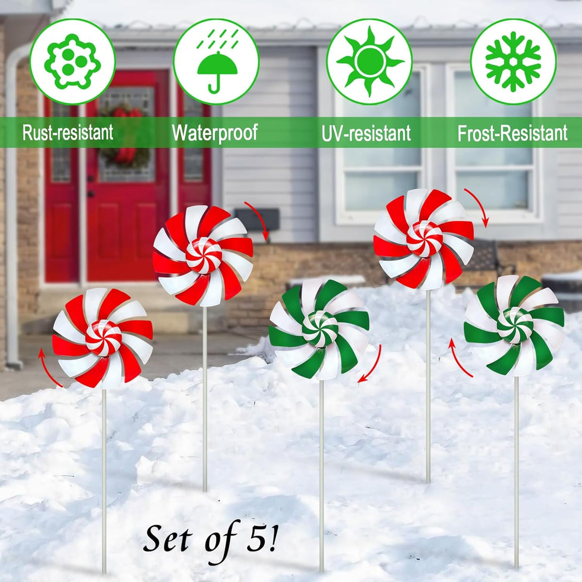 5 Pack Metal Colorful Candy Wind Spinners Outdoor,Lollipop Christmas Decorations Outside,Yard Stake for Garden,Lawn Ornament