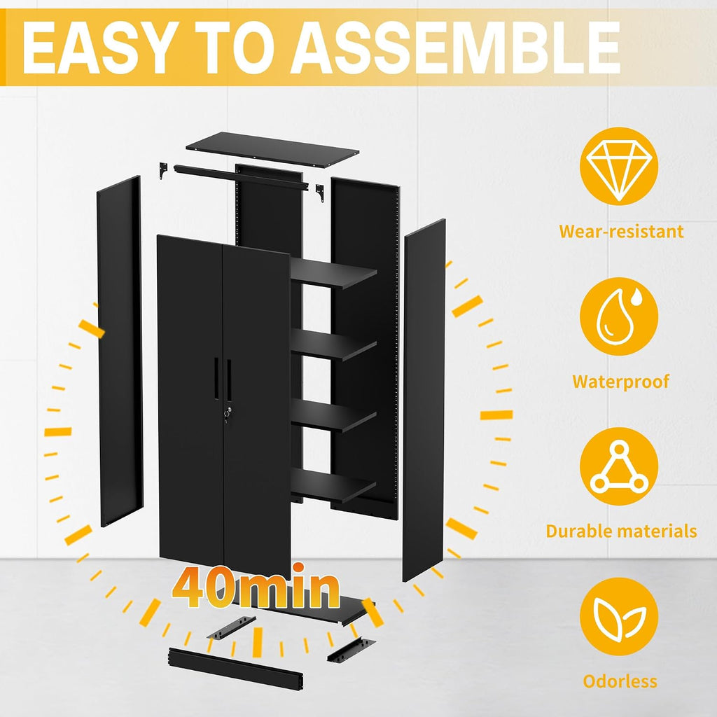 Metal Storage Cabinet with 2 Doors and 4 Adjustable Shelves, 71" Garage Storage Cabinet with Anti-Tipping Design, Lockable Garage Cabinets for Office, Home, Garage, Gym, School