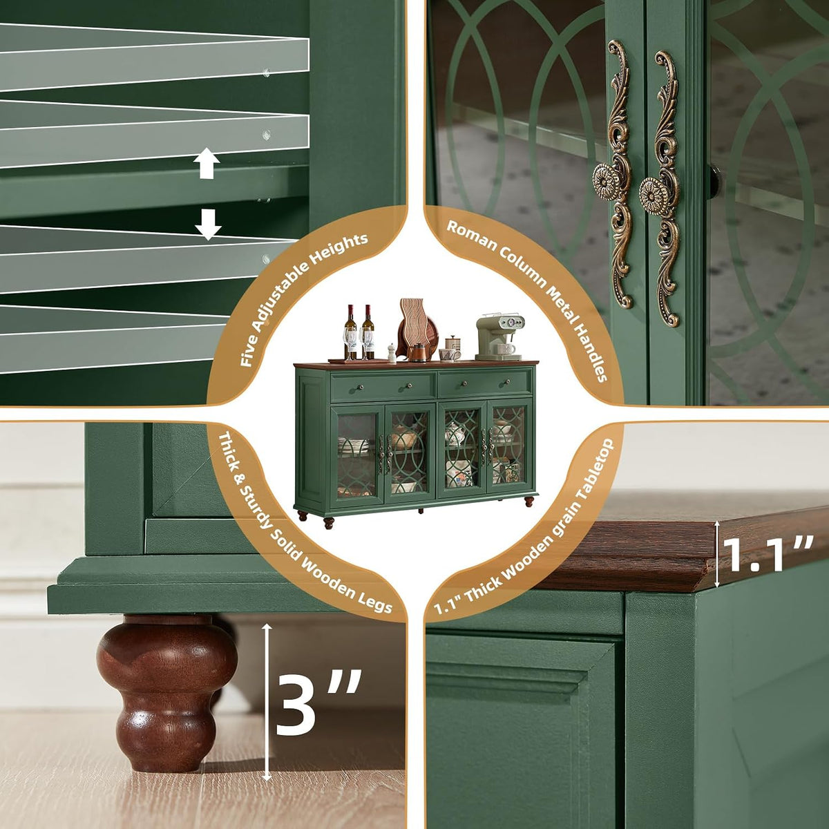 Joaxswe Farmhouse Sideboard Buffet Cabinet with Storage,Adjustable Shelves Console Table,59" Large Credenza with 4 Glass Doors & 2 Drawers,Wood Kitchen Coffee Bar for Dining Room,Living Room,Green