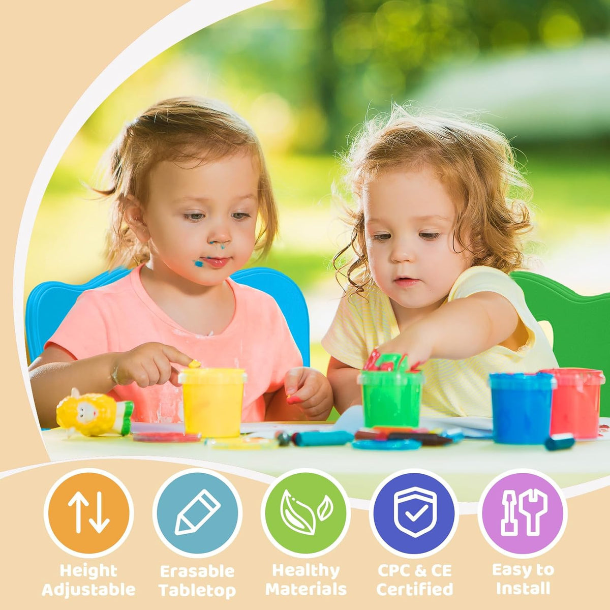 FUNLIO Kids Table and 4 Chairs Set and Adjustable Kids Chair (2pcs)，Easy to Wipe Arts & Crafts Table, for Classrooms/Daycares/Homes, CPC & CE Approved (5-Piece Set) - Multicolor