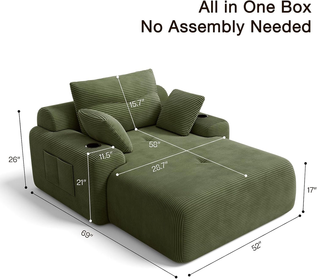 69” Floor Chaise Lounge Chair Indoor, Oversized Chaise Lounge Reading Chairs with 4 Side Pockets and 2 Cup Holders, Comfy Corduroy Sleeper Sofa Bed for Living Room Bedroom Apartment, Green