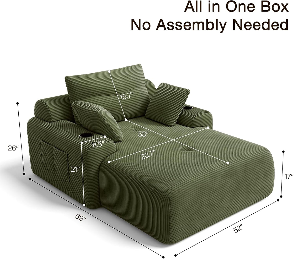 69” Floor Chaise Lounge Chair Indoor, Oversized Chaise Lounge Reading Chairs with 4 Side Pockets and 2 Cup Holders, Comfy Corduroy Sleeper Sofa Bed for Living Room Bedroom Apartment, Green