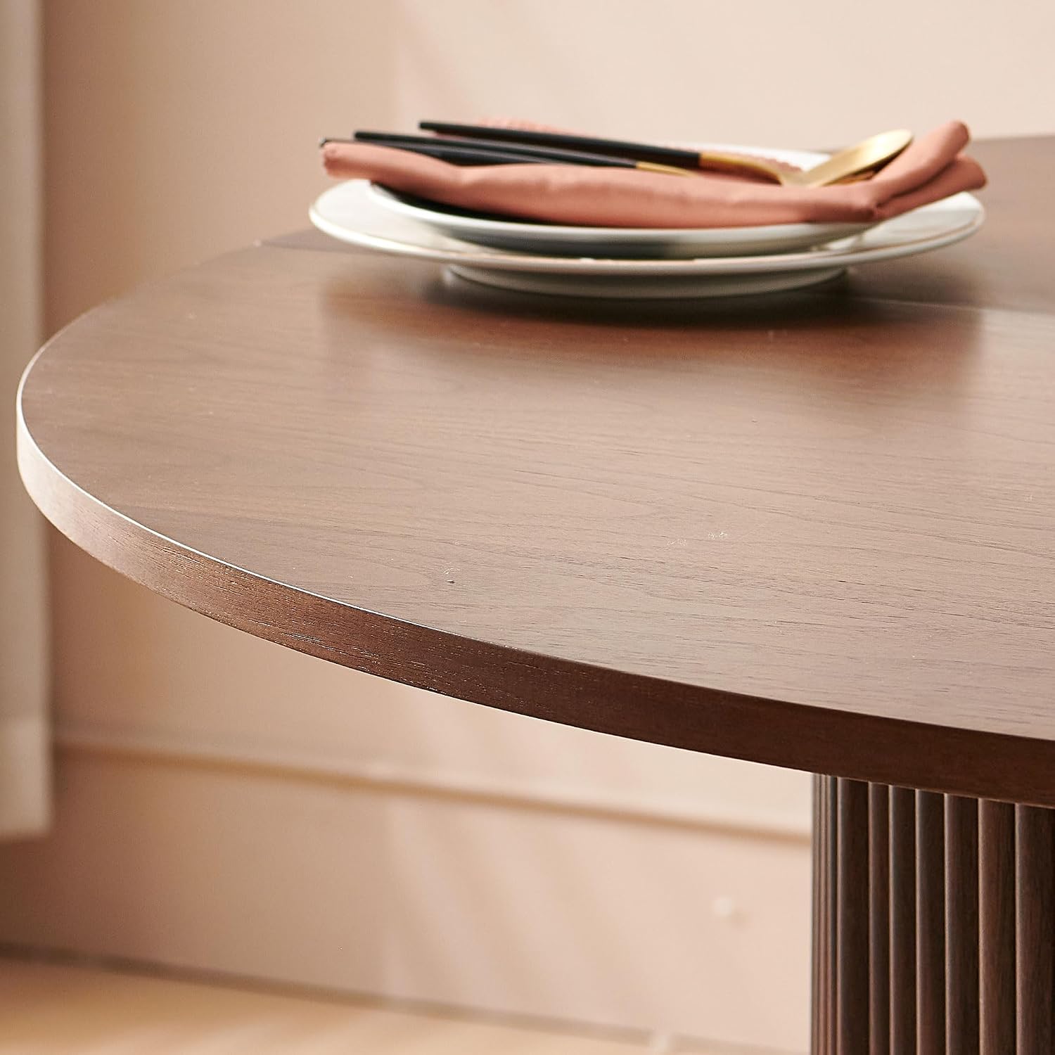 Homedot 47" Round Kitchen Dining Table Walnut for 4 with Veneer Tabletop | Farmhouse Dinner Table Fluted| Two-Part Tabletop| Rustic Circle Dining Table with Wooden Strip Base for Dining Living Room