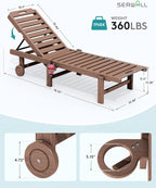SERWALL HDPE Outdoor Chaise Lounge Set of 2 with Cup Holder & Wheels, Brown