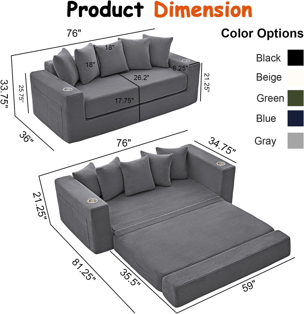 76" Convertible Sofa Bed, Corduroy Couch with Cup Holders & Pocket | 2-in-1 Sleeper Sofa, Pull-out Couch Bed with 5 Pillows, Living Room, Small Spaces, Bedroom, No Assembly