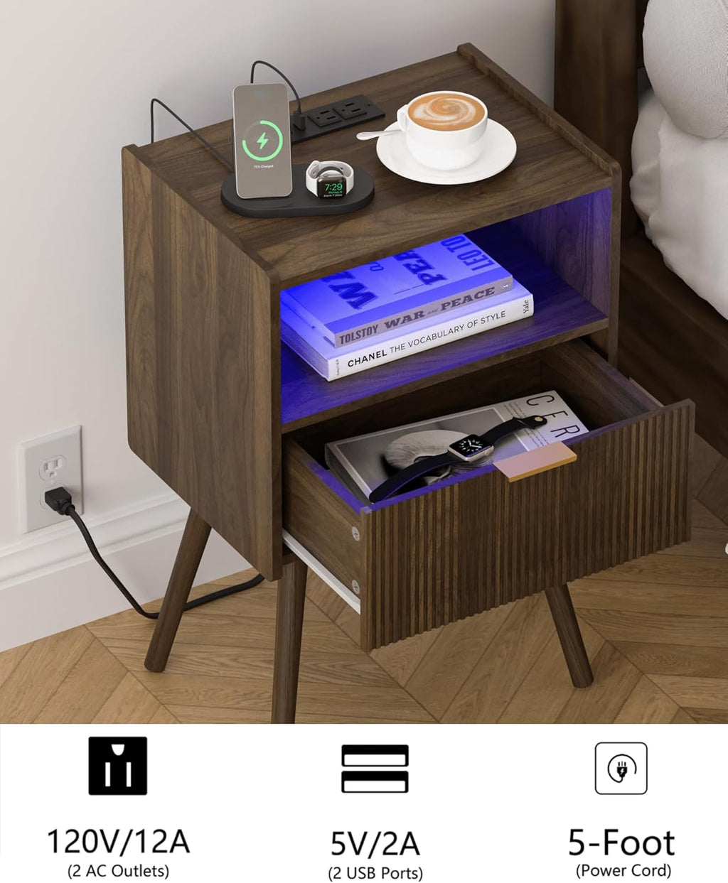 Leomonio Walnut Brown Nightstand, Modern Bedside Table with Charging Station & LED Lights, Plus Storage Drawer, Open Wood Shelf and Solid Wood Legs, for the Living Room, Bedroom & Small Spaces