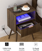 Leomonio Walnut Brown Nightstand, Modern Bedside Table with Charging Station & LED Lights, Plus Storage Drawer, Open Wood Shelf and Solid Wood Legs, for the Living Room, Bedroom & Small Spaces
