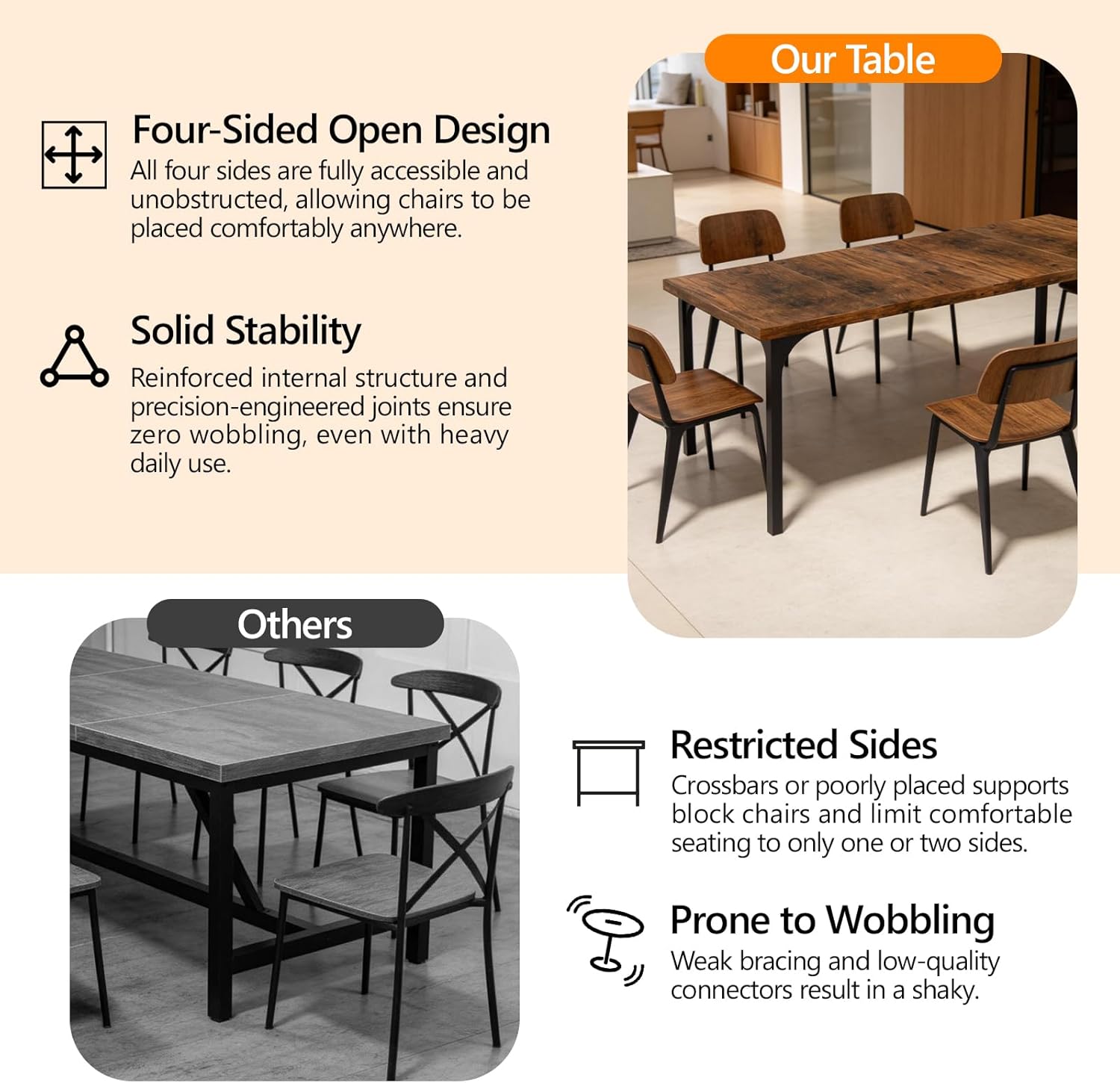 VINGLI 70.8" Farmhouse Dining Table for 6-8 People, Large Rustic Wooden Kitchen & Dining Room Table, Heavy Duty Dinner Table for Family Gatherings, Home Office, Apartment, Rustic Brown