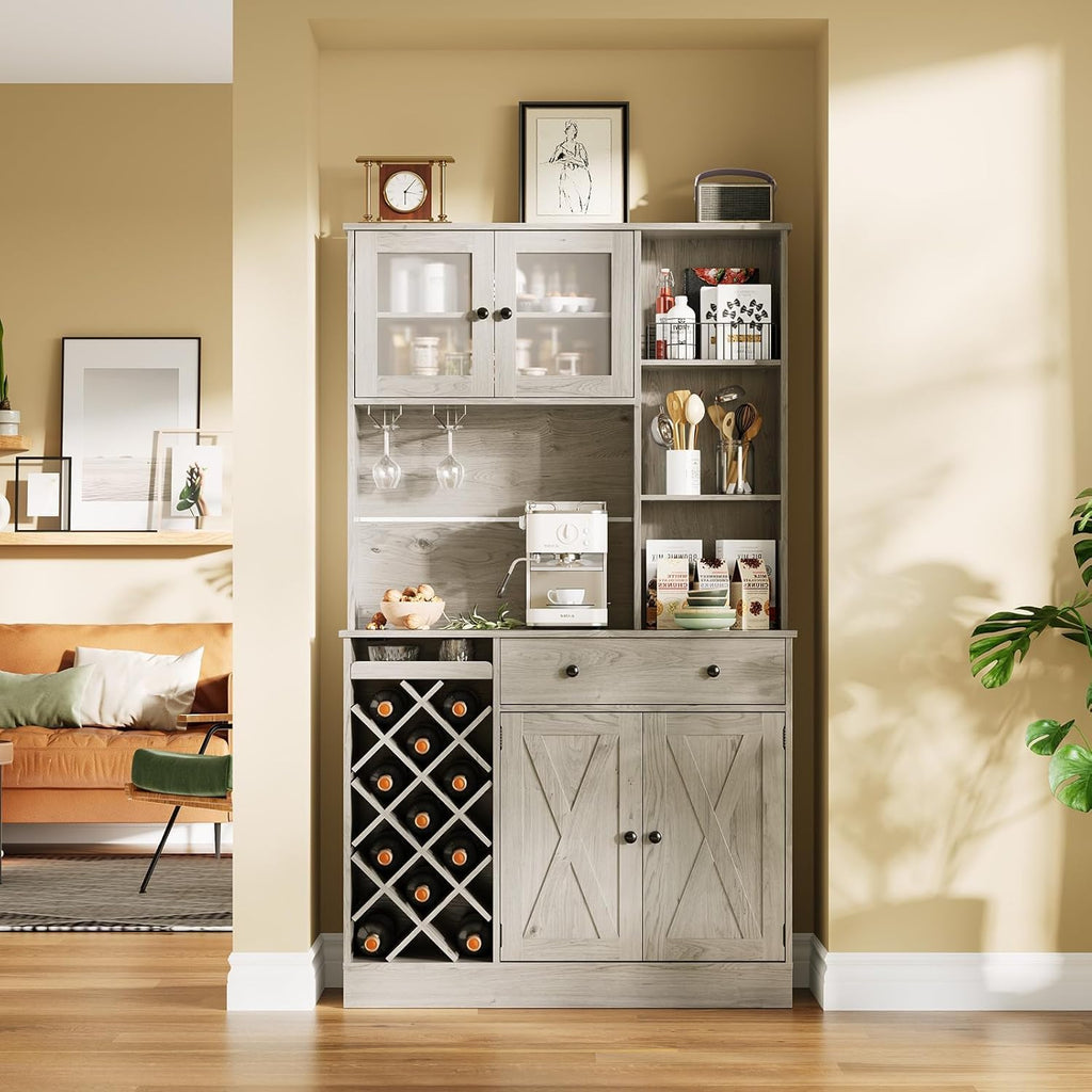 MDF Tall Wine Cabinet with Acrylic Double Doors, 45 Inch Bar Cabinet for Liquor Glasses Storage, Free Standing Home Bar with Display Shelf for Living Room Dining Room Kitchen