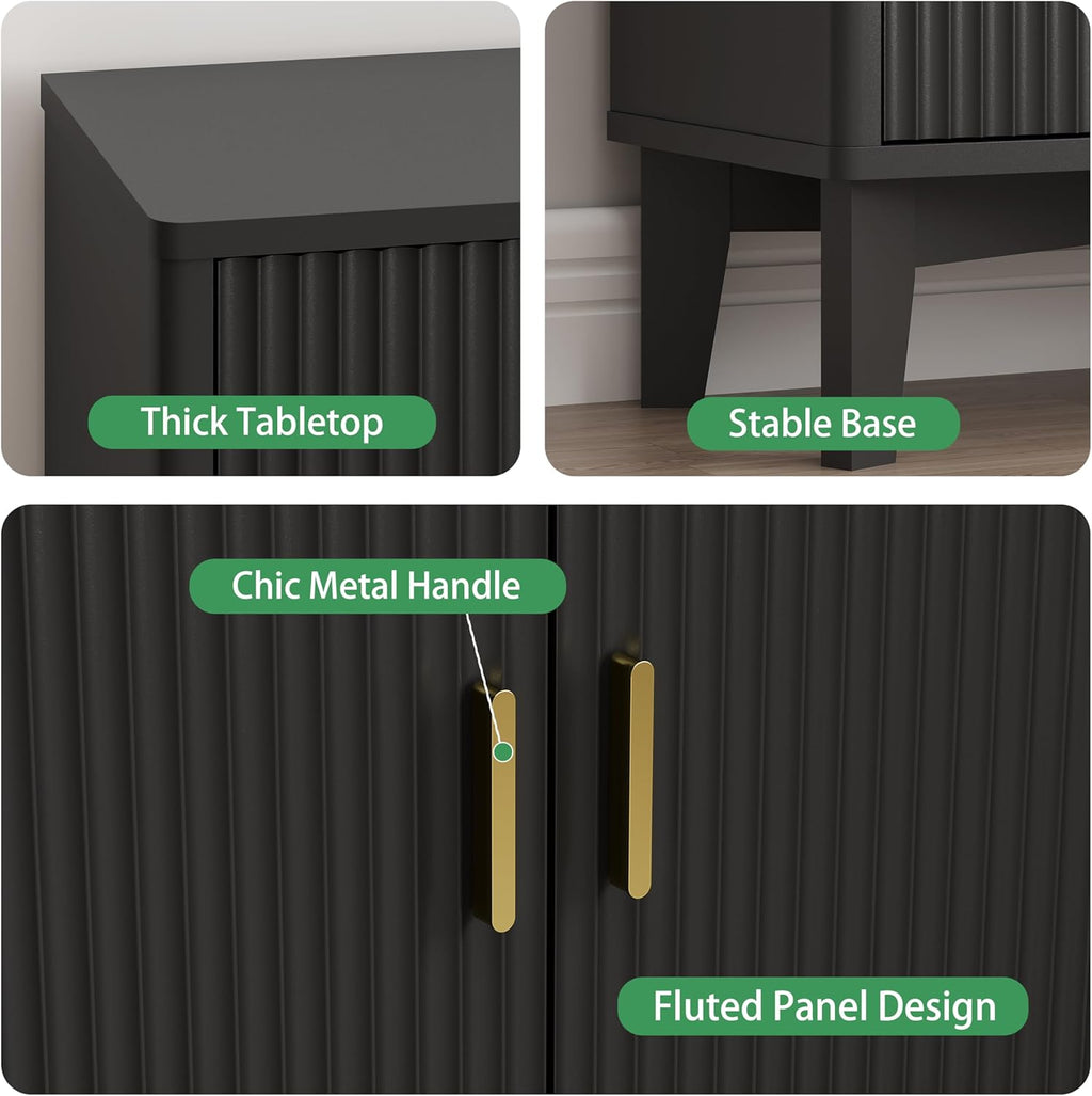 Xixini Fluted Buffet Sideboard Cabinet with Storage, 30" Mid Century Modern Coffee Wine Bar with Adjustable Shelves, Wood Small Buffet Table with 2 Doors for Kitchen, Dining Room, Living Room, Black