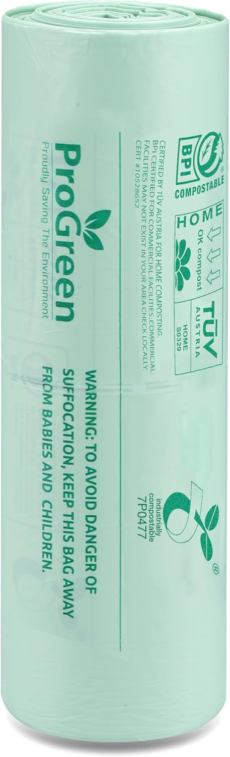ProGreen Compostable Trash Bags 2.6 Gallon, 100 Count, Extra Thick 0.71 Mil, Small Compost Kitchen Bin Bags, Food Scraps Yard Waste Bags, Compost ASTM D6400 BPI and TÜV AUSTRIA Certified.