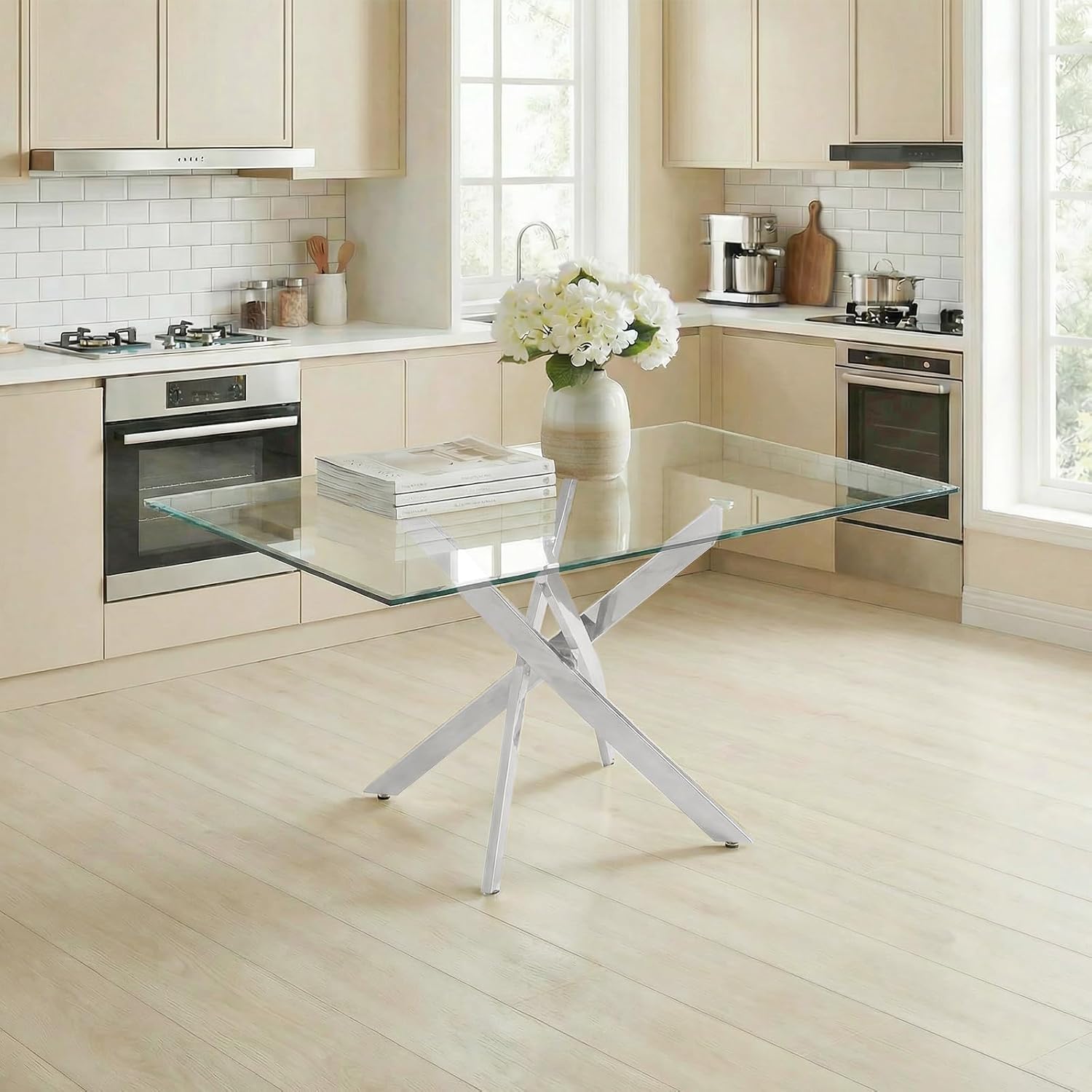 59 Inch Glass Dining Table for 6, Modern Square Kitchen Table with Silver Legs, Spacious Dining Room Furniture for Home, Living Room, Apartment