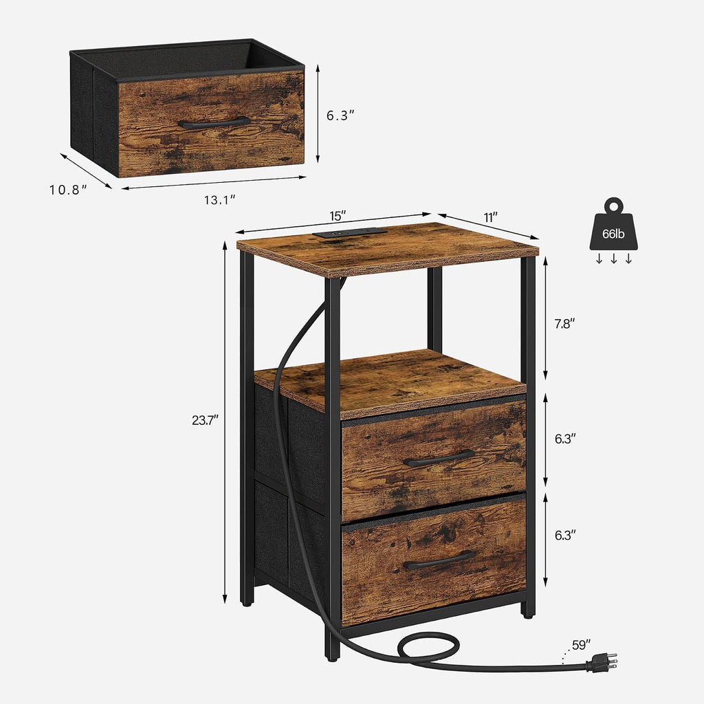 TUTOTAK End Table with Charging Station, Night Stand | Side Table with 2 USB Ports and Outlets, Nightstand with Cloth Drawer, Bedside Table for Livingroom, Bedroom Brown TB01BB088