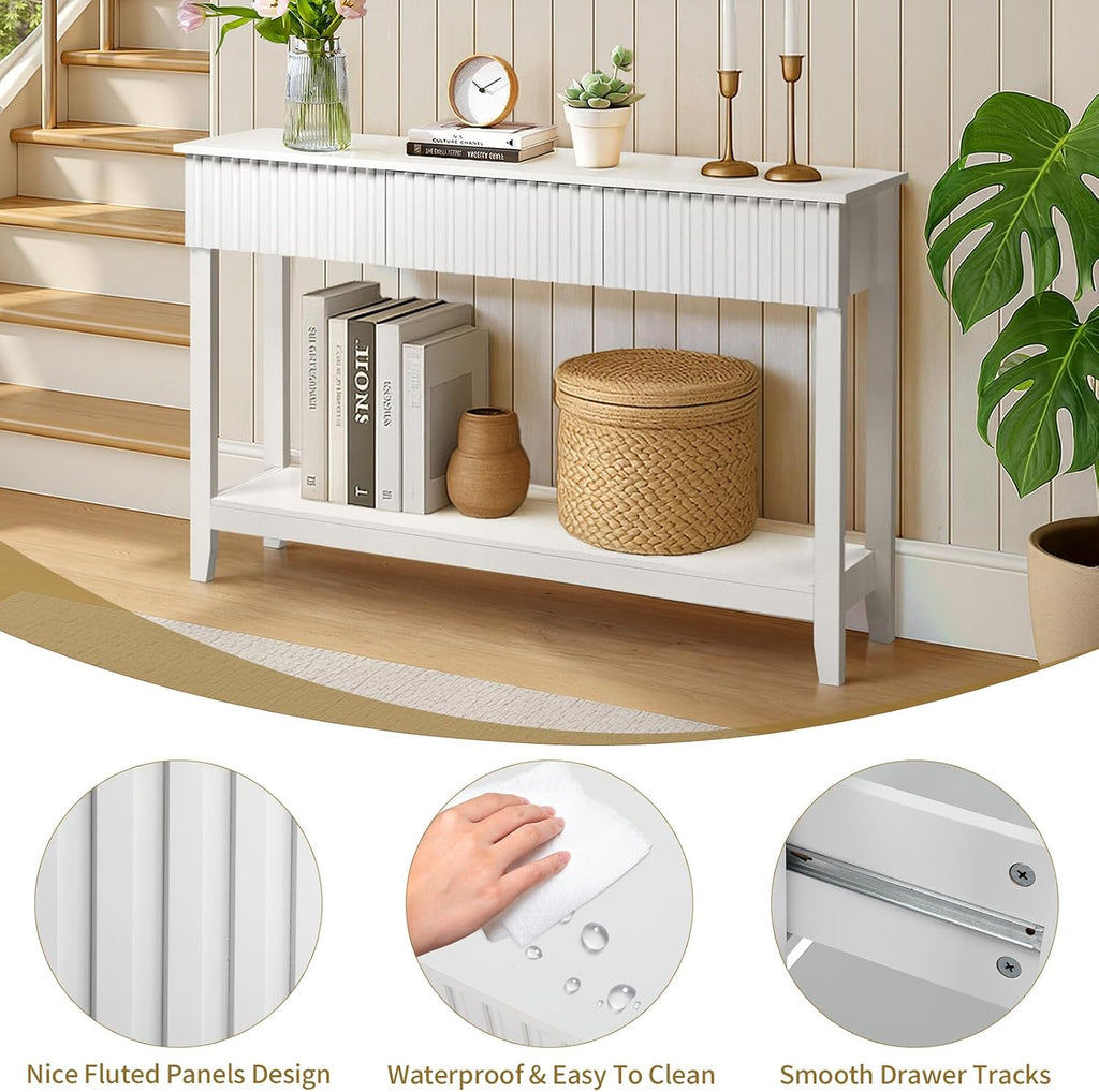 Karl home 51" White Console Table with 3 Fluted Drawers, Modern Sofa Table with Open Storage Shelf for Living Room, Foyer Hallway