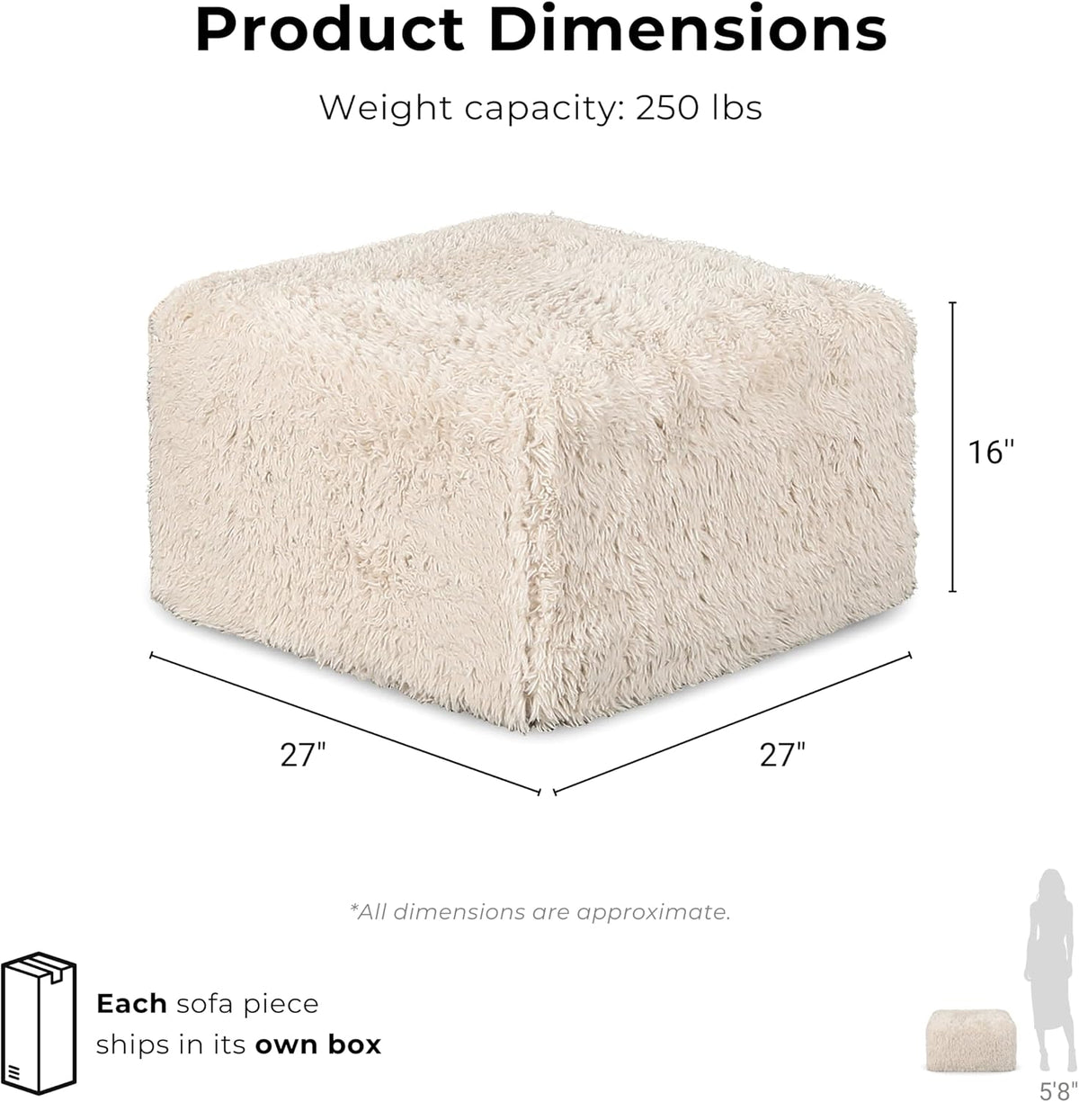 Furniture of America Havyn Modern Faux Fur 1-Seater Square Modular Foam Ottoman, Compressed Couch in a Box, No Assembly Required, for Living Room and Office, Sand