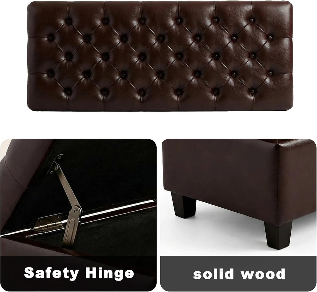 Leather Storage Bench for Living Room, End of Bed Bench with Storage, Large Upholstered Ottoman Benches Entryway Bench with Button-Tufted Shoe Cabinet Ottoman for Dining Room, Hallway, Brown