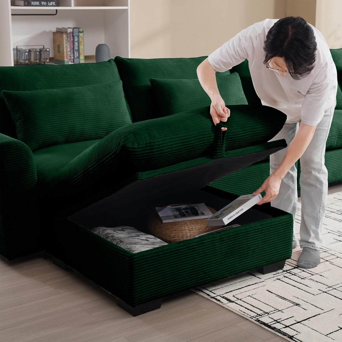 Corduroy Fabric Ottomans Footrest to Combine with 2 Seater Sofa, 3 Seater Sofa and 4 Seater Sofa, Green Corduroy
