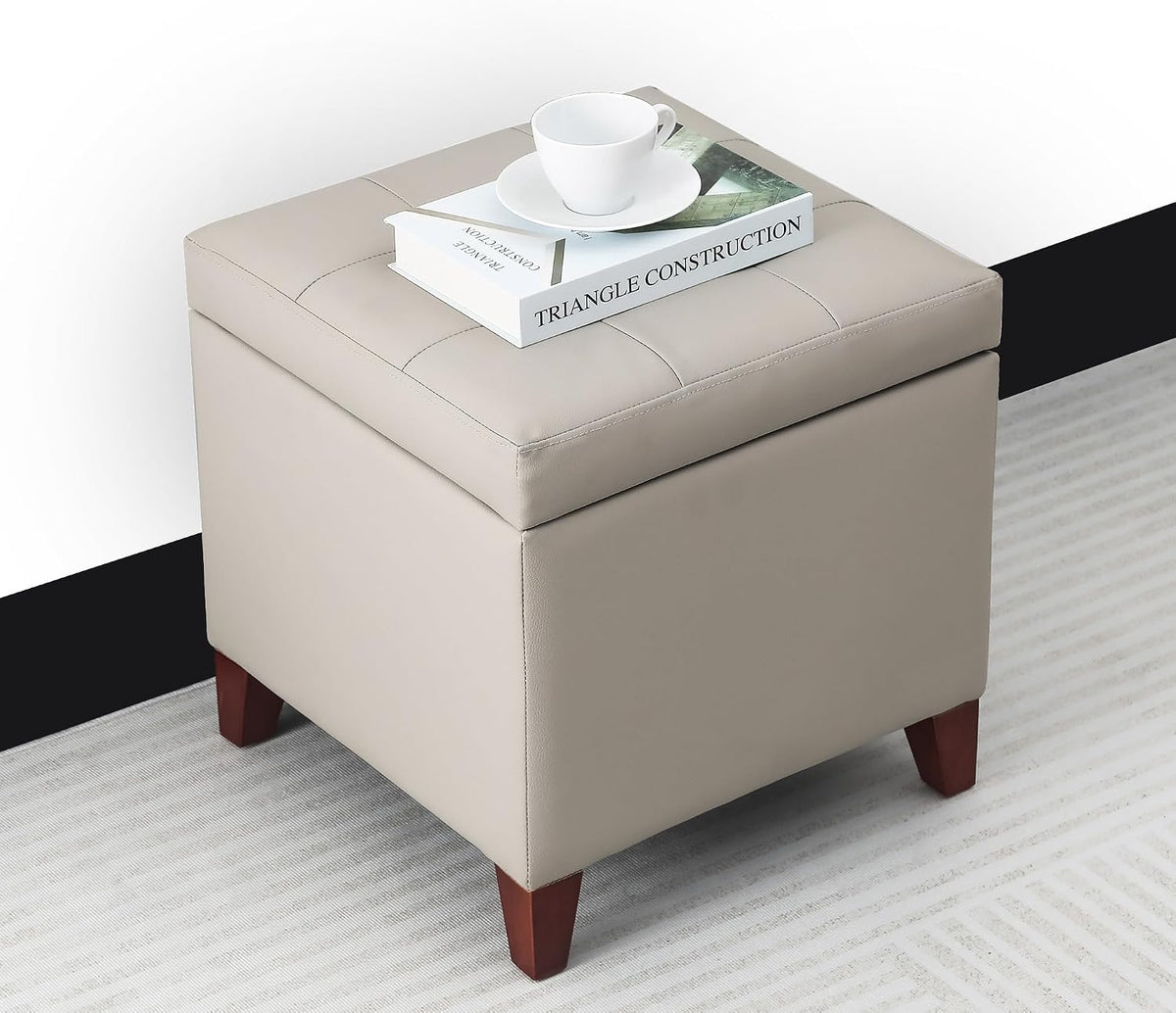 Leather Ottoman with Storage Beige-Grey Square Storage Ottoman | 18" Square Tufted Footstool Cube with Hinged Lid Upholstered Foot Rest Stool for Living Room, Bedroom & Entryway