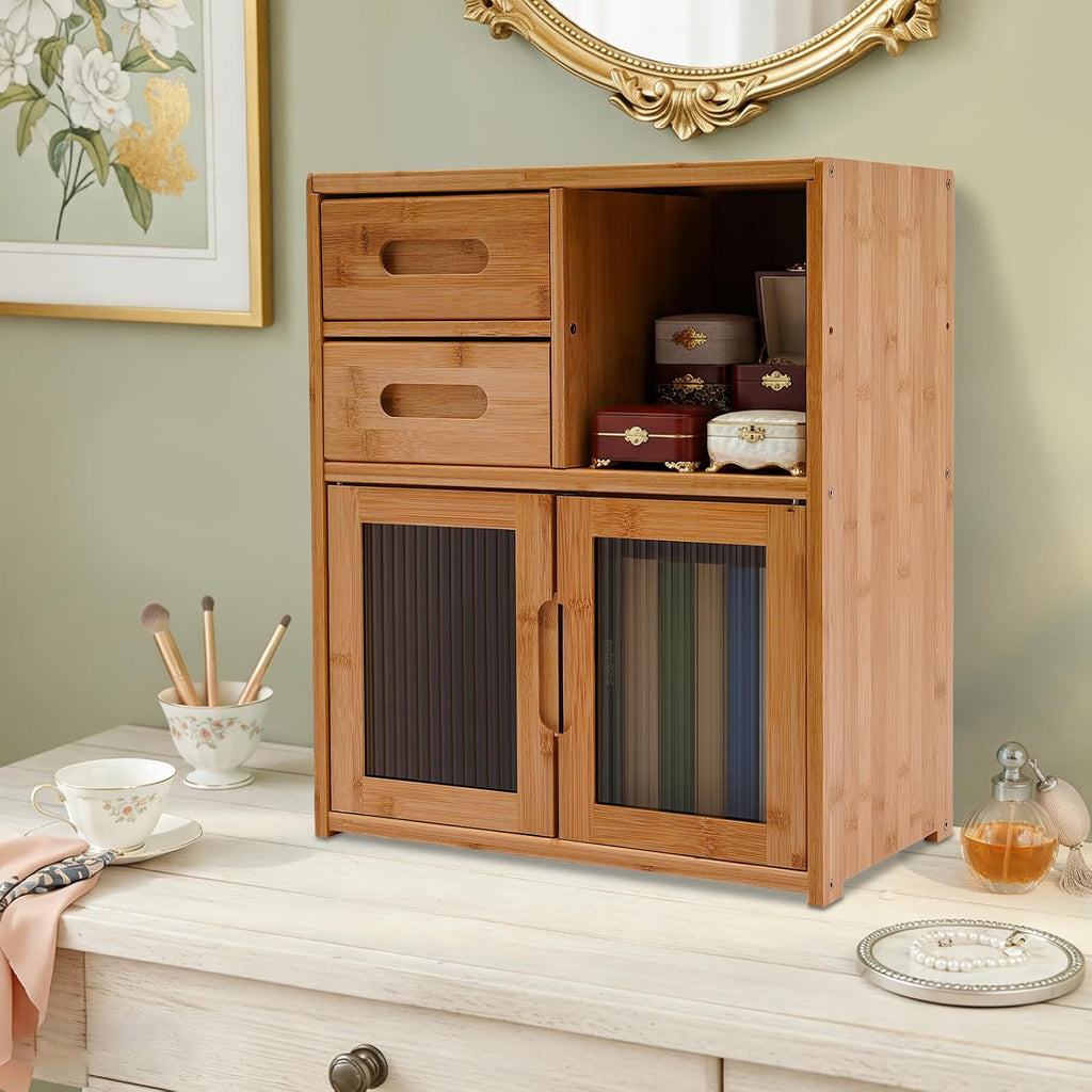 Countertop Bamboo Kitchen Pantry, 16.5*9*18.9in, Freestanding Sideboard with 2 Drawers and Clear Doors, Large Capacity Storage Cabinet for Home Kitchen Dining Living Room, Natural Wood Color
