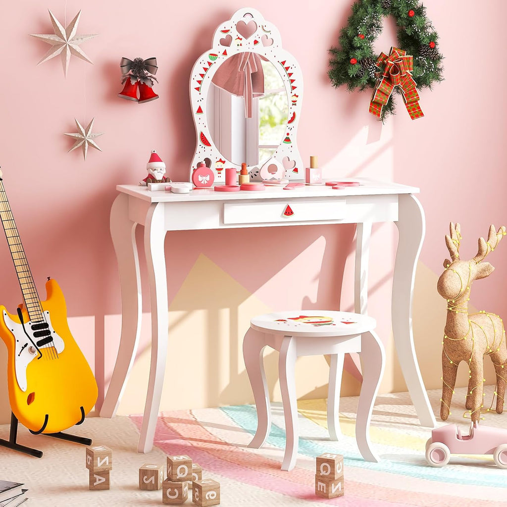 Costzon Kids Vanity, Girls Vanity Set with Mirror and Stool, Storage Drawer, Princess Toddler Makeup Vanity Desk Dressing Table, Wooden Kids Vanity Table and Chair Set (Fruit Pattern)