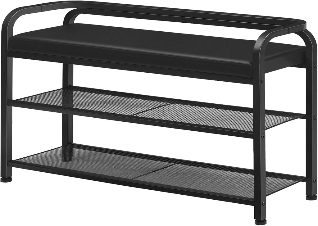 YATINEY Shoe Bench with Backrest, Entryway Bench, 2-Tier Shoe Rack with PU Padded Seat, Upholstered Shoe Storage Bench with Back, for Hallway, Entryway, Foyer, Bedroom, Black HX14BB