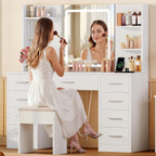 FIONESO Vanity Desk with Mirror and Lights, Makeup Vanity with 9 Drawers & Power Outlet, 5 Hooks & 6 Open Shelves, 3 Lighting Colors & Adjustable Brightness, White Vanity for Girls