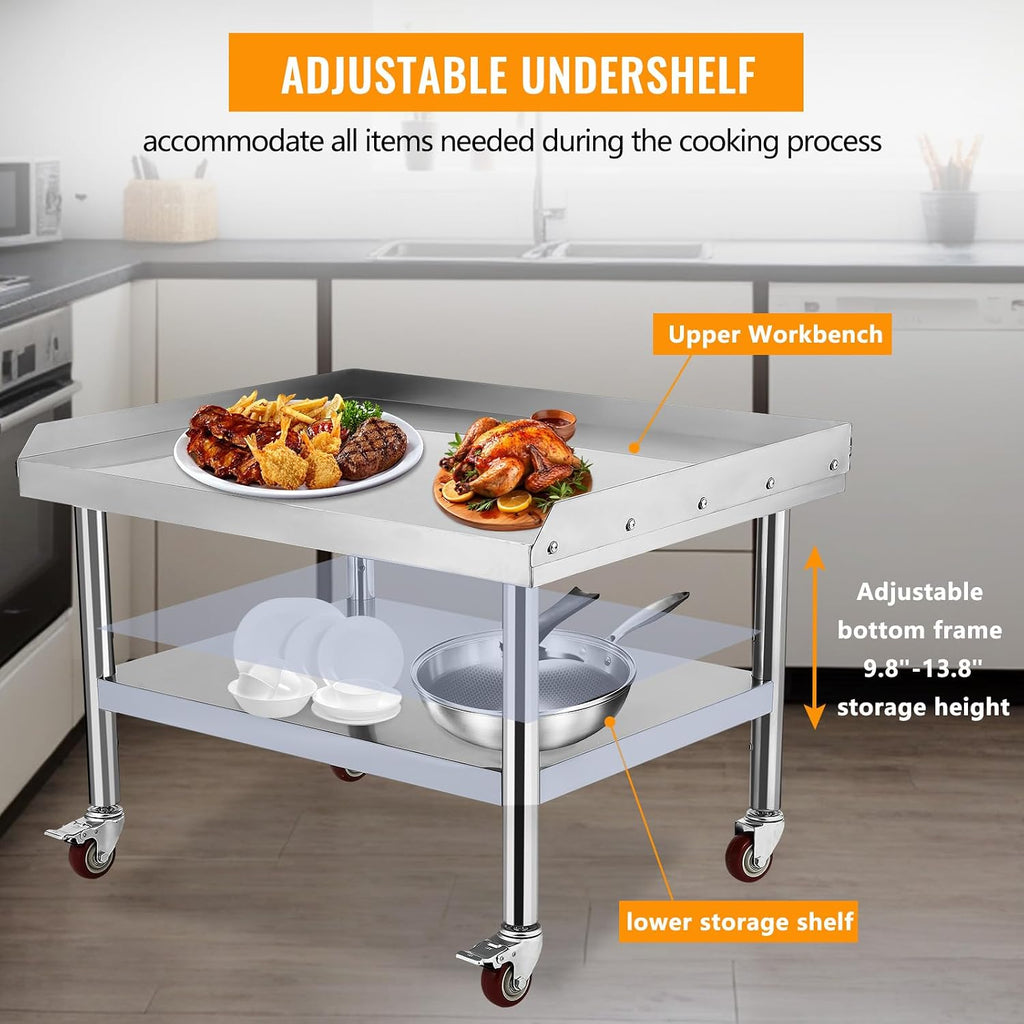 Garvee Stainless Steel Equipment Stand 24x24 Inch with Wheels Mobile Commercial Grill Table NSF Certified Heavy Duty with Adjustable Undershelf and Casters