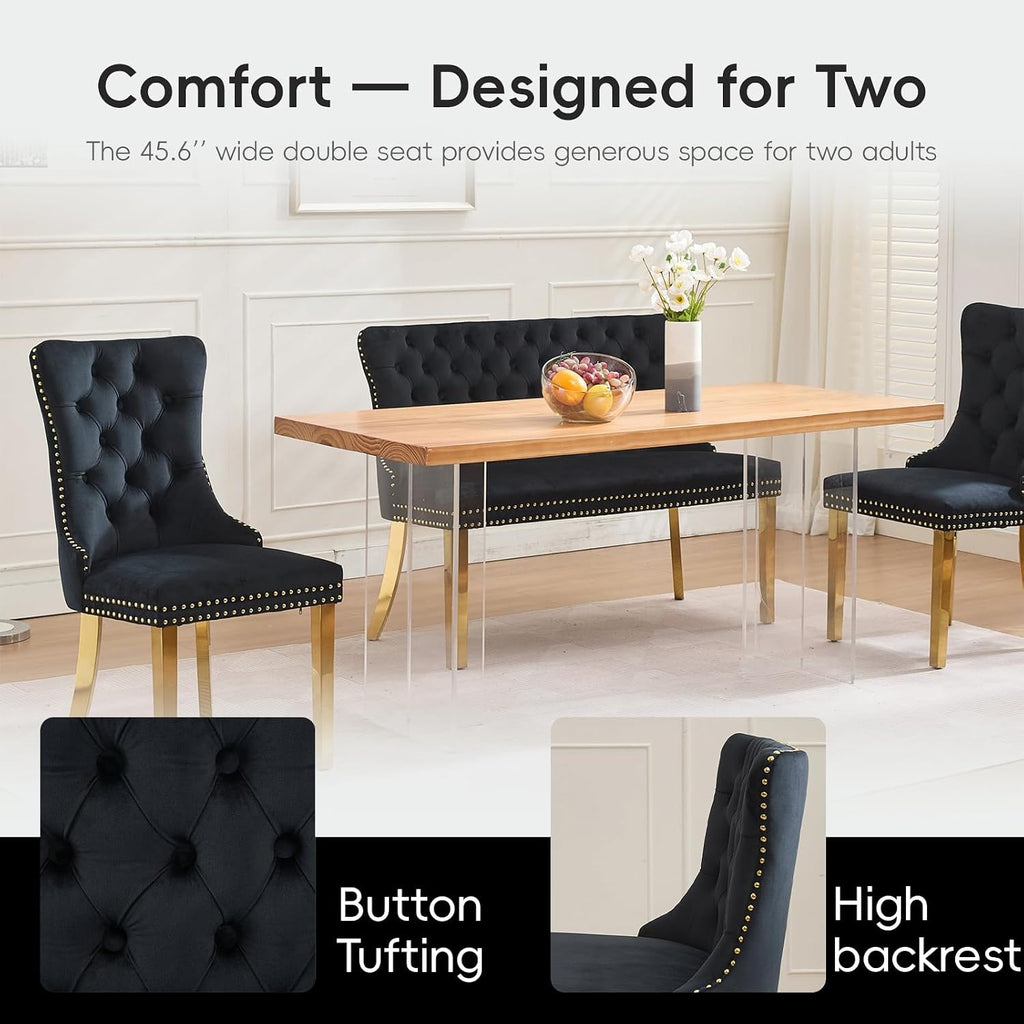 Velvet Double Dining Loveseat Bench with Wing Back, Tufted Upholstered 2-Seat Design,Golden Stainless Steel Legs, Modern Mid-Century Accent Seating for Dining Room, Kitchen, or Entryway (Black)