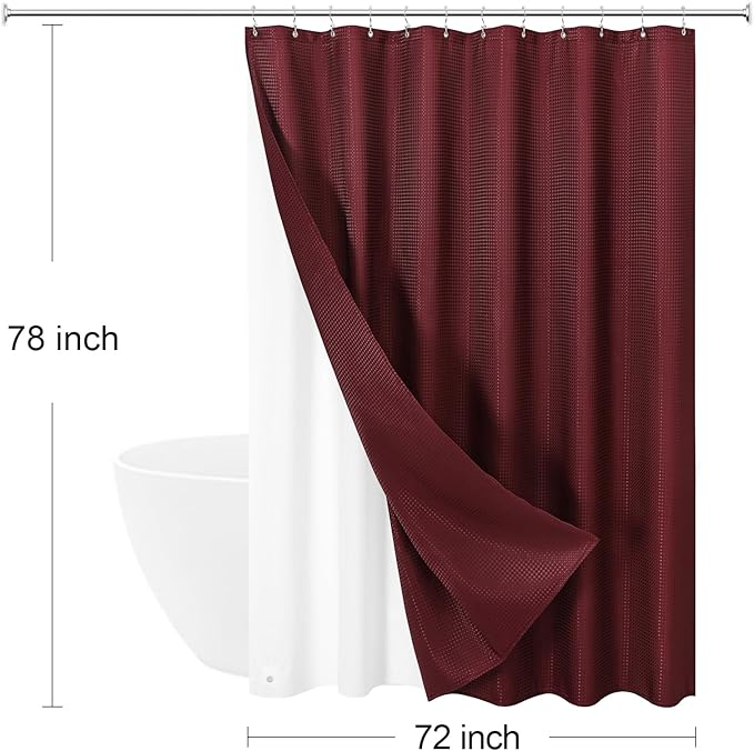 3 in 1 Long Burgundy Shower Curtain Set-72 W x 78 H, Modern Waffle and PEVA Liner Set with 12 Stainless Steel Hooks, Waterproof Fabric for Bathroom
