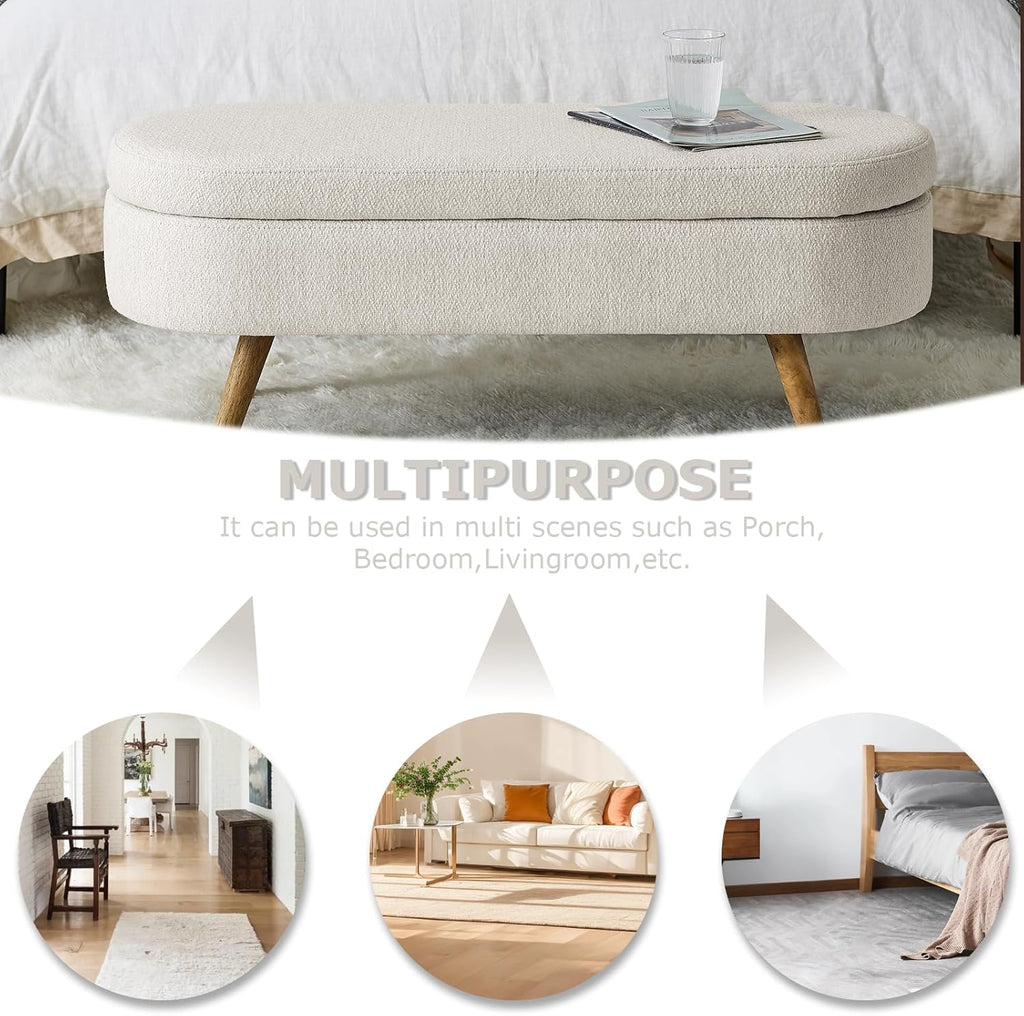 SoarFlash Ottoman Oval Storage Bench Linen Fabric Rubber Wood Legs（Beige）