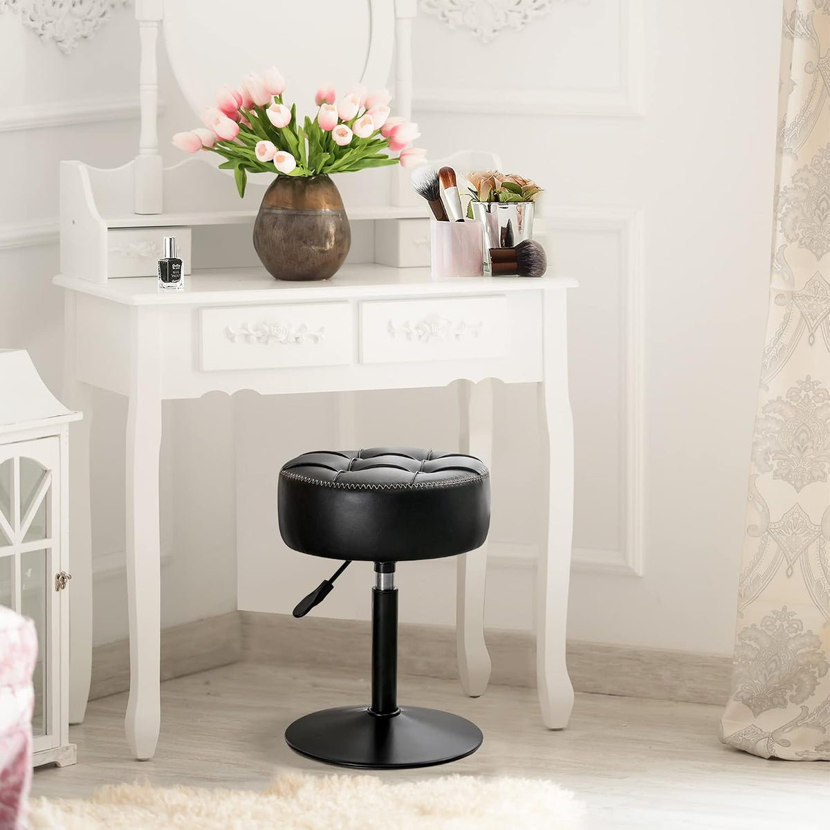 LUE BONA Adjustable Vanity Stool 15.8"-20.7", 360° Swivel Faux Leather Chair, 300lbs Capacity for Makeup Room, Bathroom, Living Room, Black