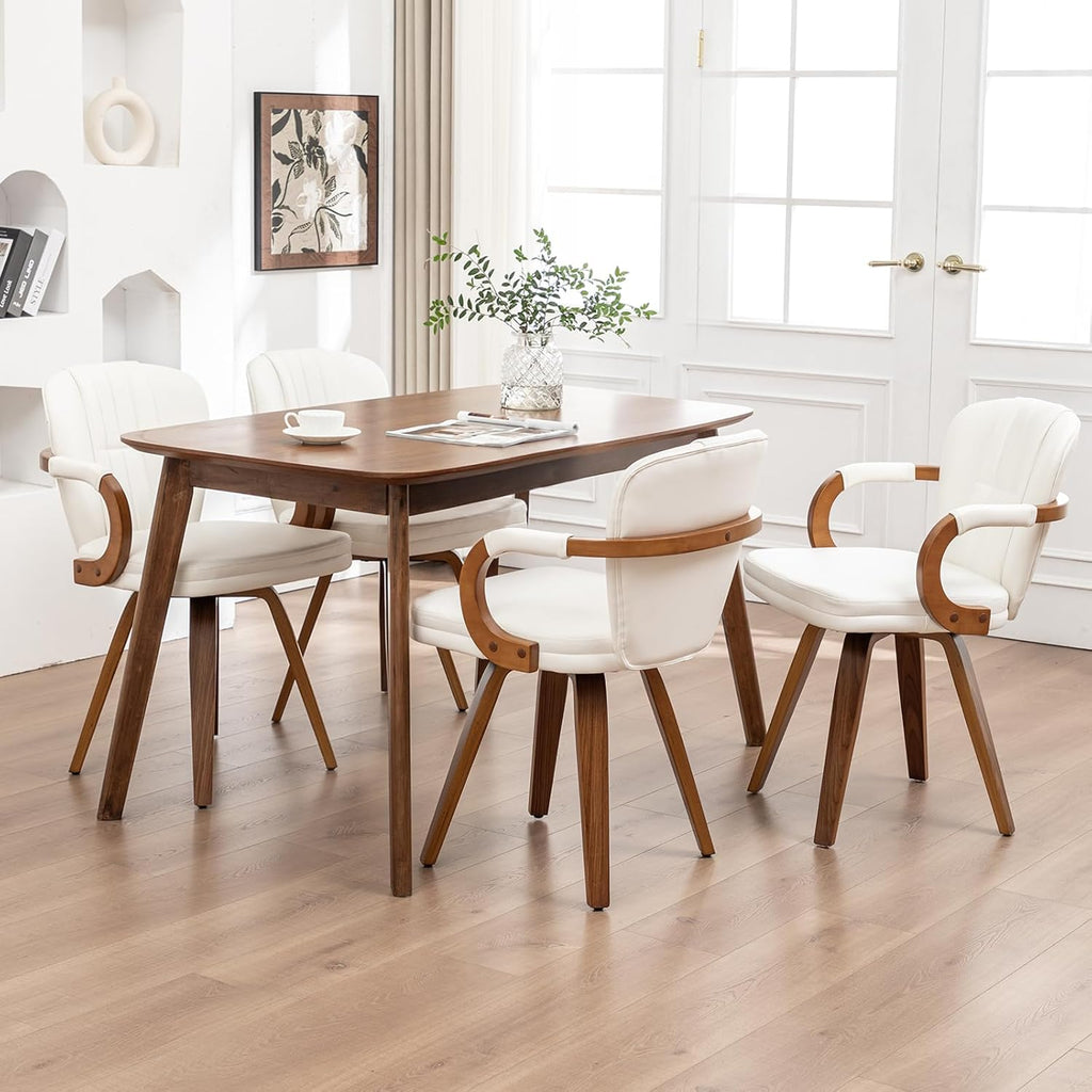 Swivel Dining Chairs Set of 4 Mid Century Modern White Faux Leather Upholstered Kitchen Chairs with Bentwood Frame Armrests Side Chairs,Comfortable Ergonomic Wood Accent Chair No Wheels