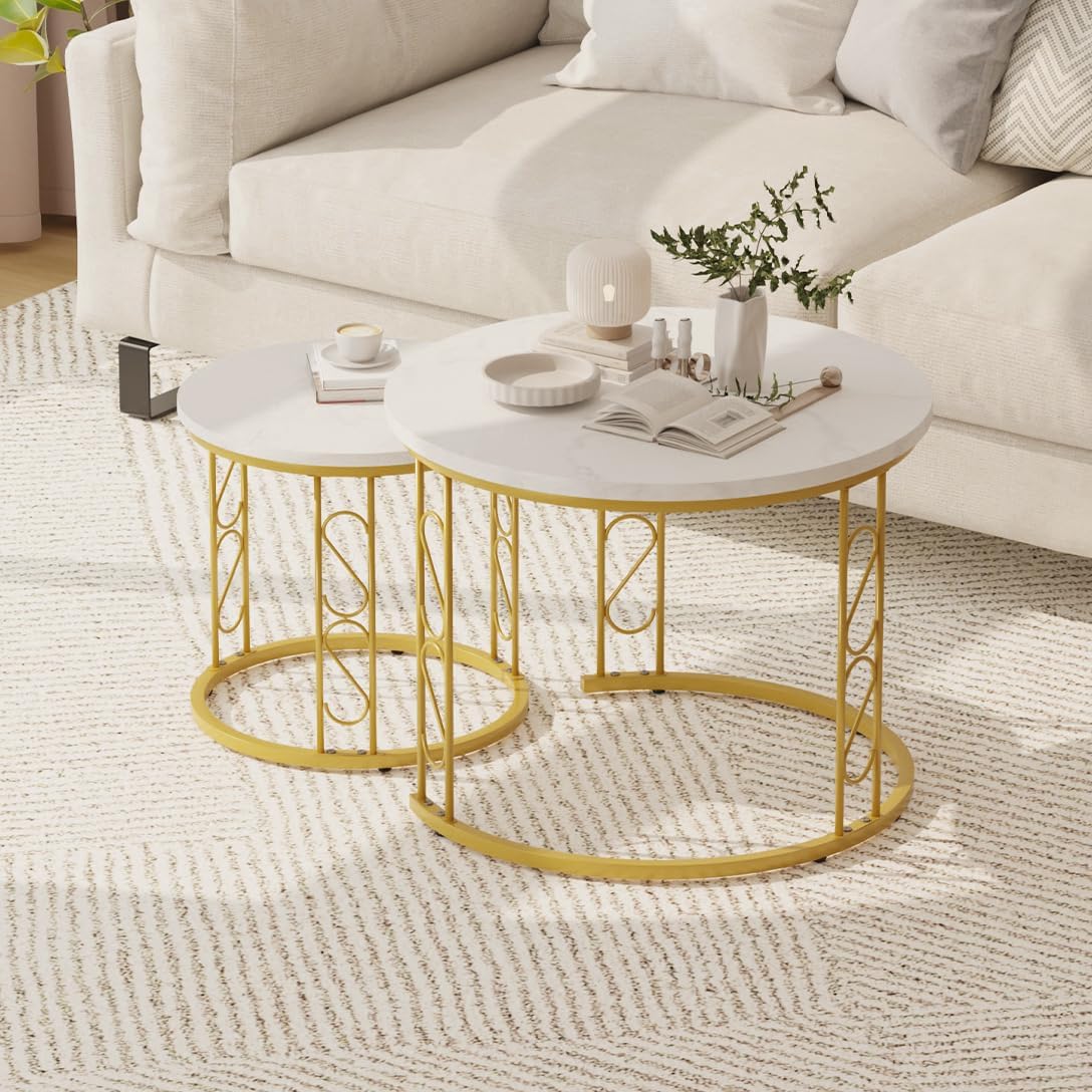 Garden 4 you Coffee Table Faux Marble Nesting Table for Small Place 2 Sets Modern Furniture Living Room Sets End Side Table Night Stand for Bed Room Dining Room (White & Gold)