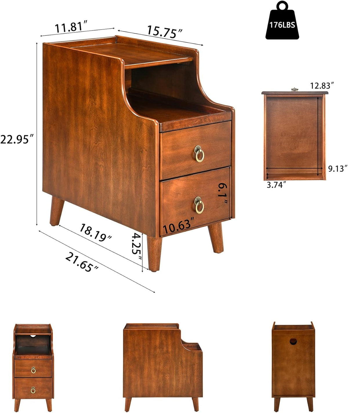 Set of 2 Solid Wood Narrow Nightstand with 2 Drawers, Fully Assembled Skinny Night Stand with Pull-out Tray for Bedroom, Pre-Assembled Vintage Wooden Slim Side Table for Small Space, 21.7x11.8x23in