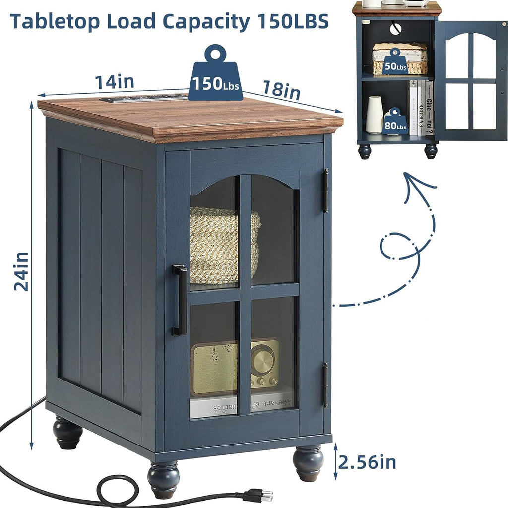 RWYHG Farmhouse End Table Set of 2 with Charging Station, 18'' Narrow Side Table and 24" Large Sofa Side Table with Glass Barn Door Storage, Wood Night Stand Bedside Table for Living Room,Bedroom