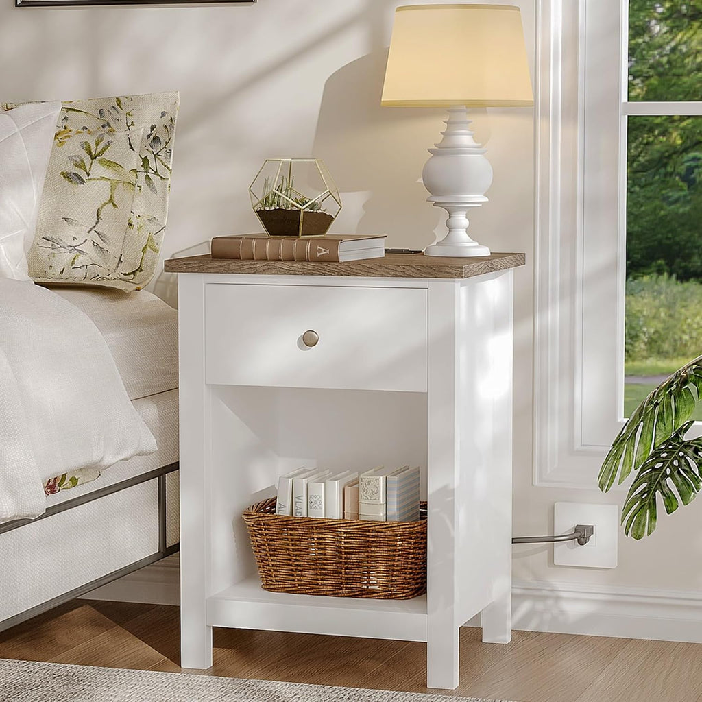 ChooChoo Farmhouse Nightstand with Charging Station | Wooden Top Bedside End Table with Drawer and Storage Space for Bedroom, White