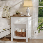 ChooChoo Farmhouse Nightstand with Charging Station | Wooden Top Bedside End Table with Drawer and Storage Space for Bedroom, White