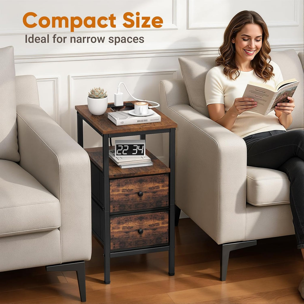 Lewondr End Table with Charging Station and LED Light, Narrow Side Table with 2 Fabric Drawers, Thin Nightstand with USB Ports for Bedside, Bedroom, Living Room, Small Spaces