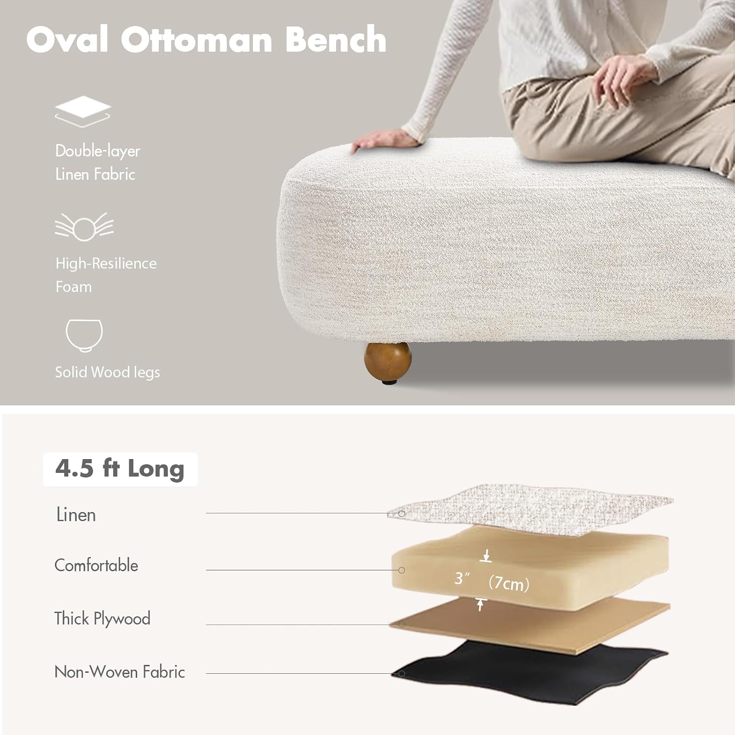 Hyfirm 54" End of Bed Bench, Upholstered Bedroom Ottoman Bench with Solid Wood Round Legs, Modern Oval Bench for Queen & King Beds, Entryway, Living Room, Hallway, Beige Linen Seat