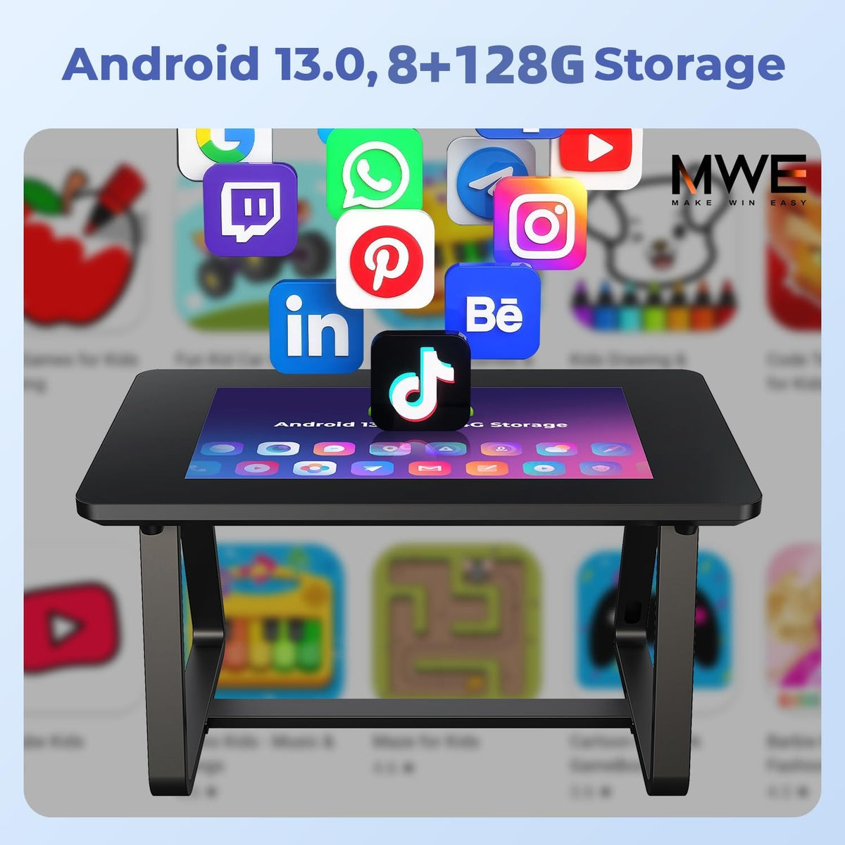MWE 32 Inch Game Table, Multifunctional Touchscreen Table, Detachable Interactive Display for Indoor Entertainment, Meetings & Education, Android 13, 8+128GB