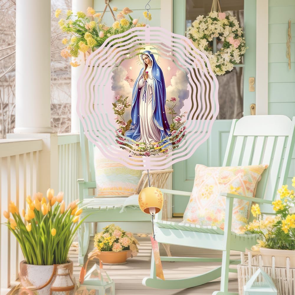Virgin Mary Prayer Wind Spinner, Metal Wind Spinners Outdoor Indoor,Virgin Mary Hanging Garden Decor for Outside, Stainless Wind Spinners for Yard and Garden 10 inch 3D (25.76X25 CM)