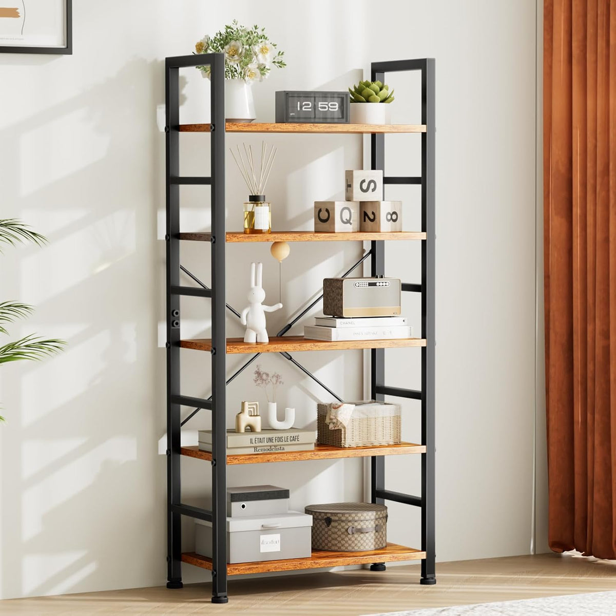 NEWBULIG Book Shelf 5 Tier Modern Bookcase Sturdy Metal Storage Organizer Books/CDs/Magazines Industrial Open Display Shelf for Bedroom Home Office Kitchen Living Room, Rustic