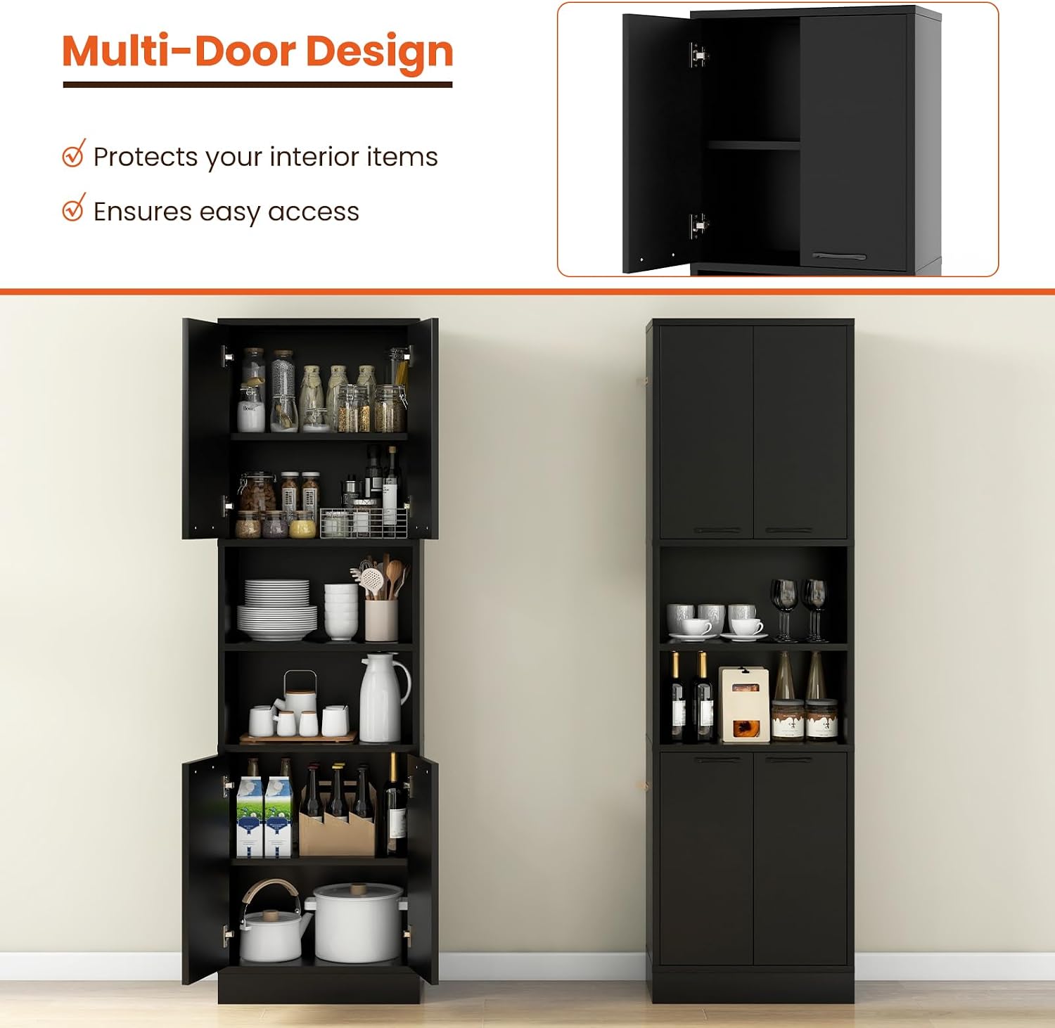 Kitchen Pantry Cabinet, Dining Room Cupboard with 4 Doors & 2 Open Countertop, 4 Anti-Tipping Devices, 75”Tall Bathroom Cabinets (Black)